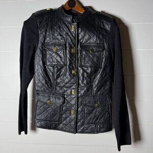Peter Nygard Genuine Black Leather & Knit Jacket Blazer with Gold Closures Sz S